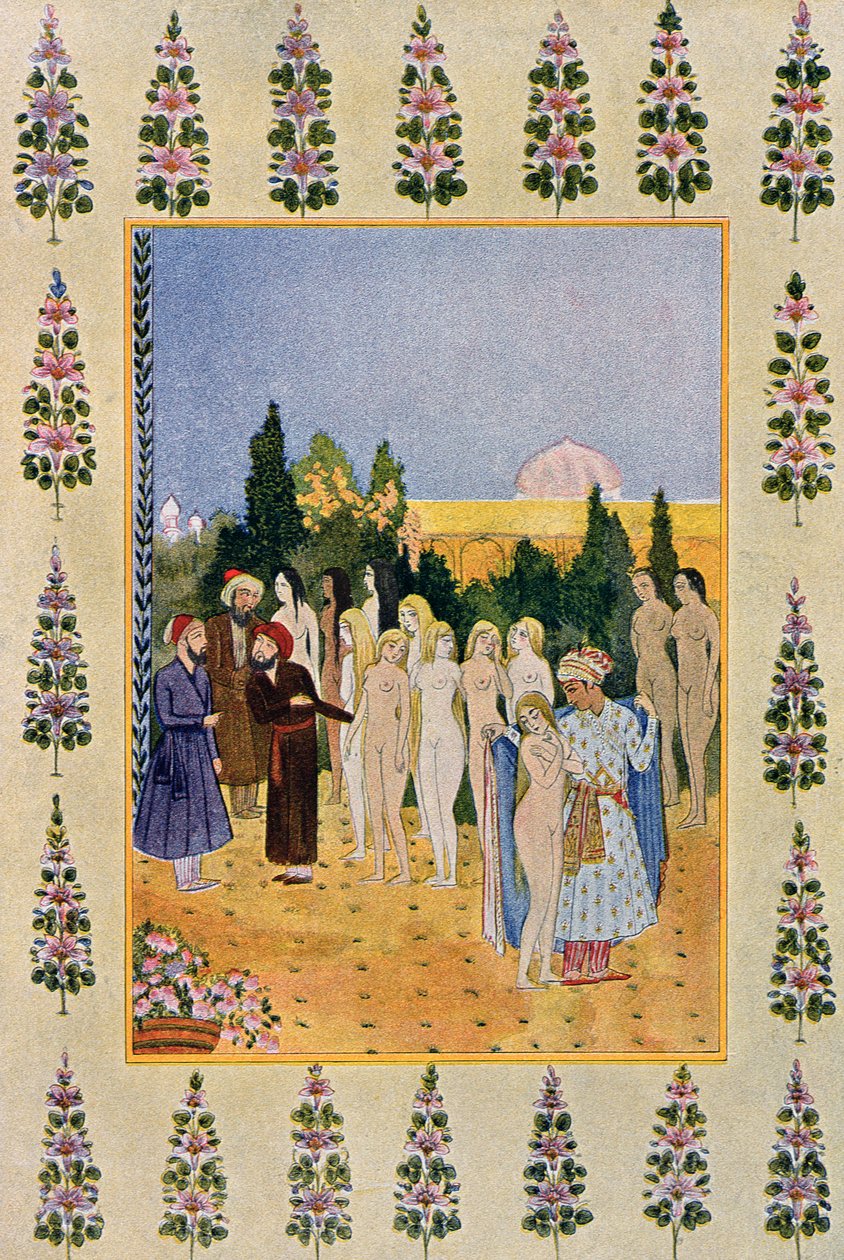 Viittallani suojelen häntä alastomuutta, kuvitus Arabian yöistä, 1895 (värikaiverrus) tekijältä French School