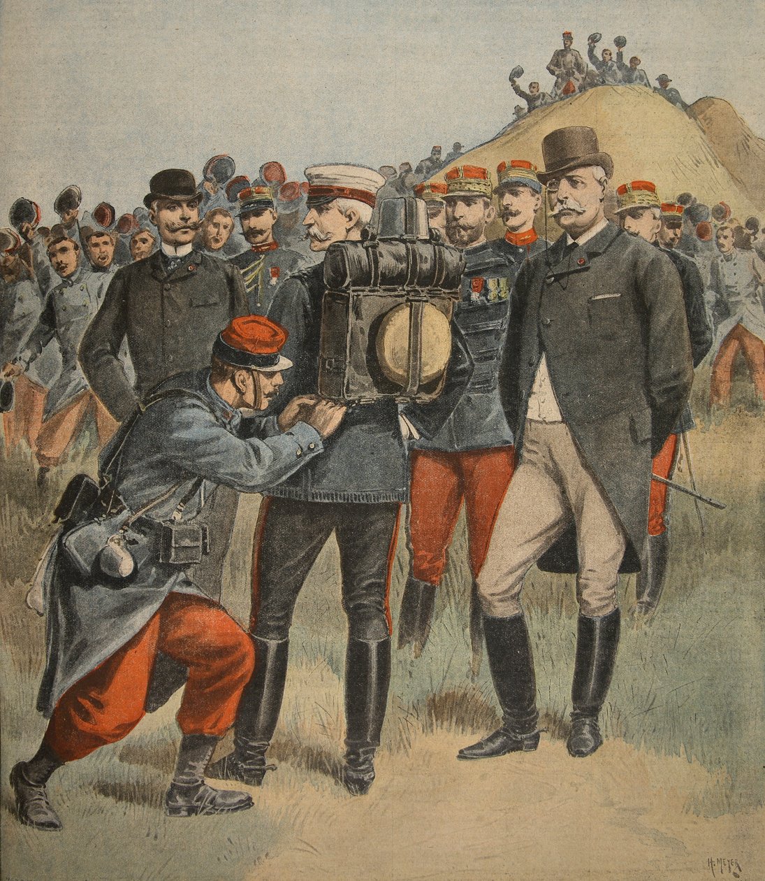 Armeijan liikkeillä: Connaughtin herttua testaamassa sotilaan laukkua, kuva Le Petit Journalista: Supplement illustre, 2. lokakuuta 1898 tekijältä French School