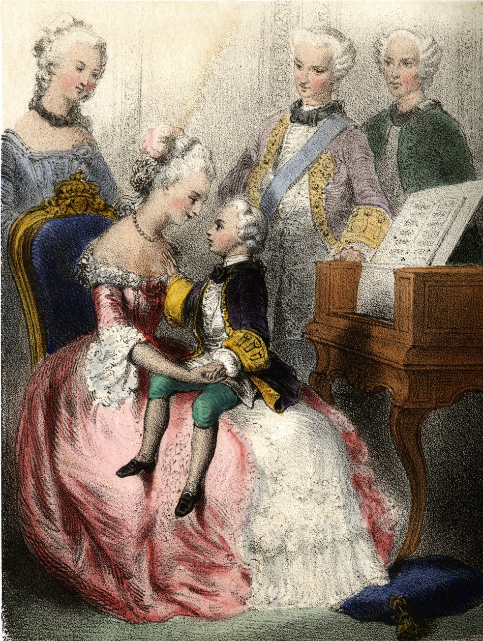 Wolfgang Amadeus Mozart (1756-1791) itävaltalaisen vaikutelman Marie-Theresen (marie Therese) käsissä - rouva Eugenie Foan teoksessa "Kuulevat lapset - historialliset tarinat" tekijältä French School