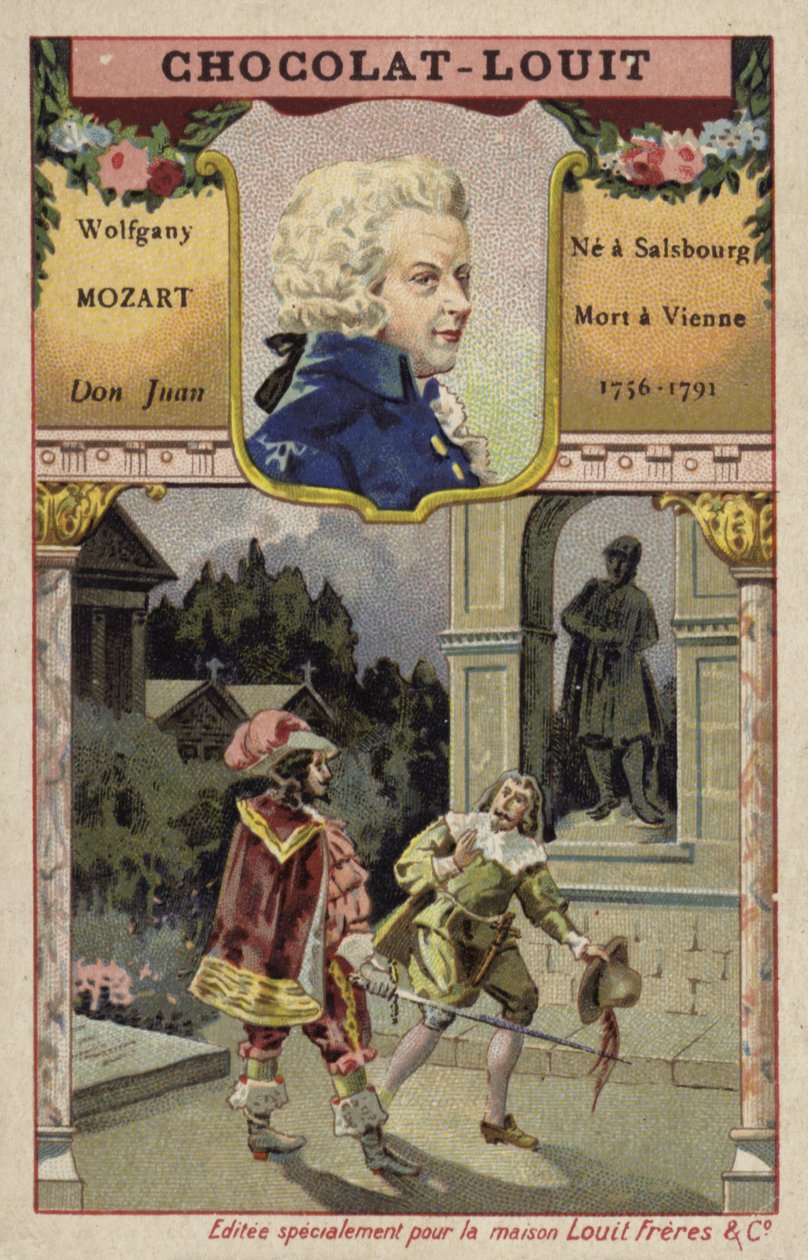 Wolfgang Amadeus Mozart, itävaltalainen säveltäjä, ja kohtaus hänen oopperastaan Don Juan (kromoliittinen kuva). tekijältä French School