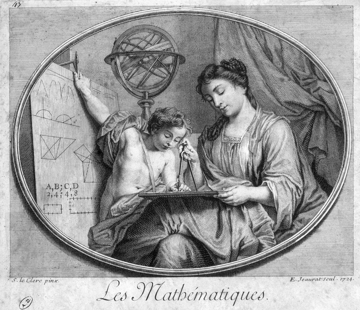 Nainen ja lapsi kompassin ja hahmojen kanssa (matematiikan allegoria) - kaiverrus tekijältä French School