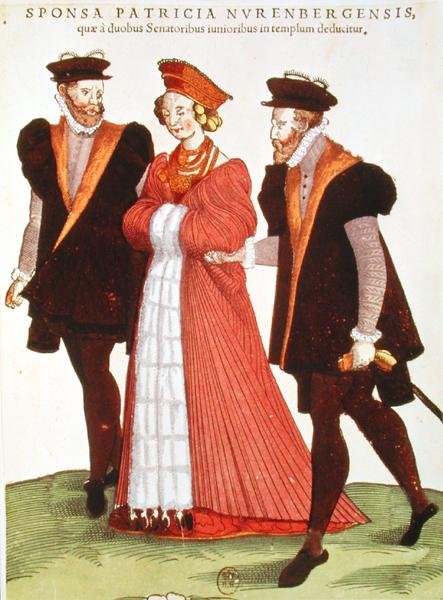 Nainen Nürnbergistä kahden senaattorin saattamana temppeliin, 1572 tekijältä French School