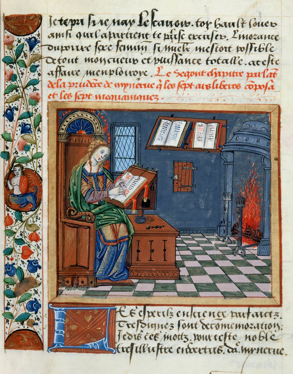 Nainen valaisemassa Catherine dAmboisen viisasten ja harkitsemattomien kirjaa, 1509 tekijältä French School