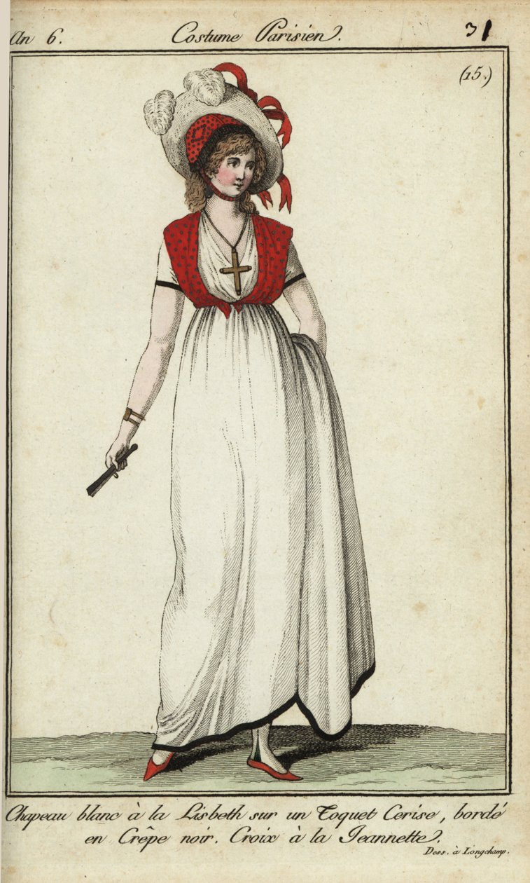 Nainen Lisbeth-hatussa vuoden 1798 muodissa (käsinvärinen kuparikaiverrus) tekijältä French School