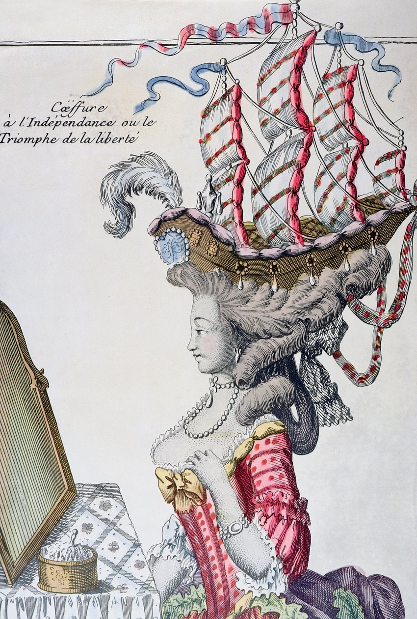 Nainen päiväpuvussa ja hiustyyli a la Belle Poule, Amerikan itsenäisyyden aika, 1779-80 tekijältä French School