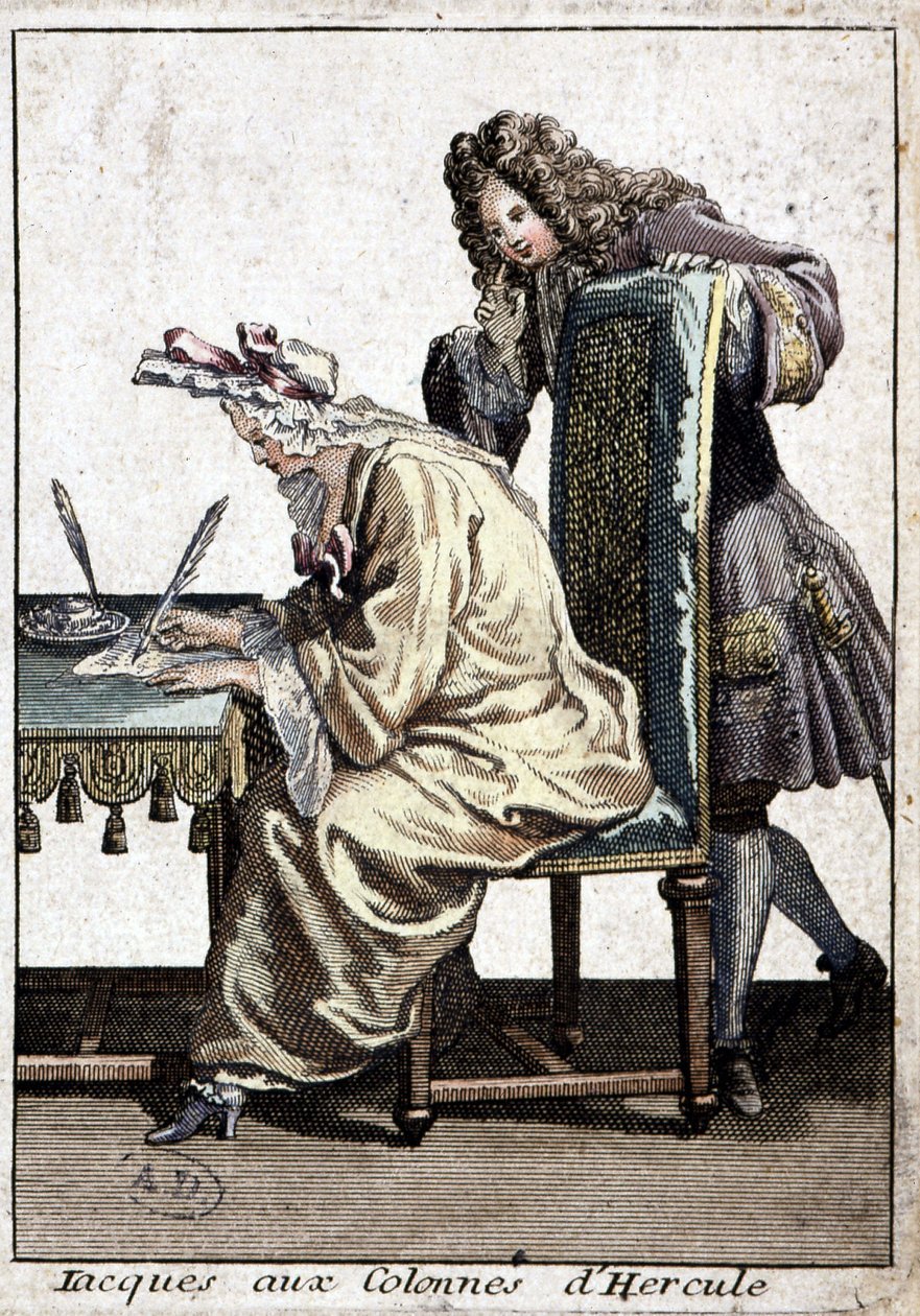 Nainen paidassa ja yömyssyssä kirjoittaa kirjettä miehen kanssa, n.d. v. 1715. tekijältä French School