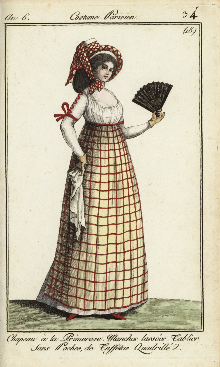 Nainen Primerose-hattuun vuodelta 1798 (käsinvärinen kuparikaiverrus) tekijältä French School