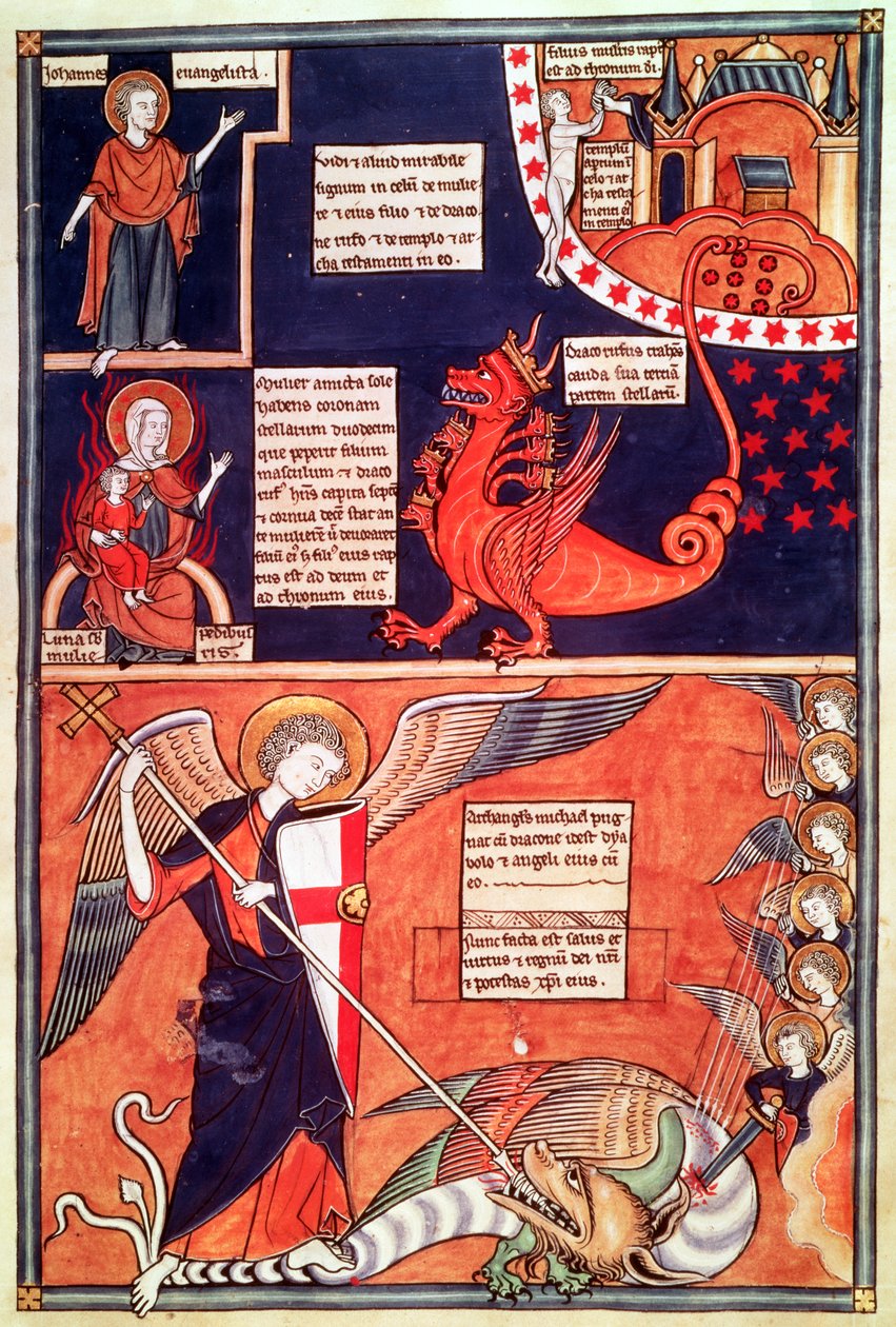 Apokalypsin nainen, jota seitsenpäinen lohikäärme hyökkää ja St. Michael tappaa lohikäärmeen, Liber Floridusista, Lambert de Saint-Omer, n. 1120 tekijältä French School