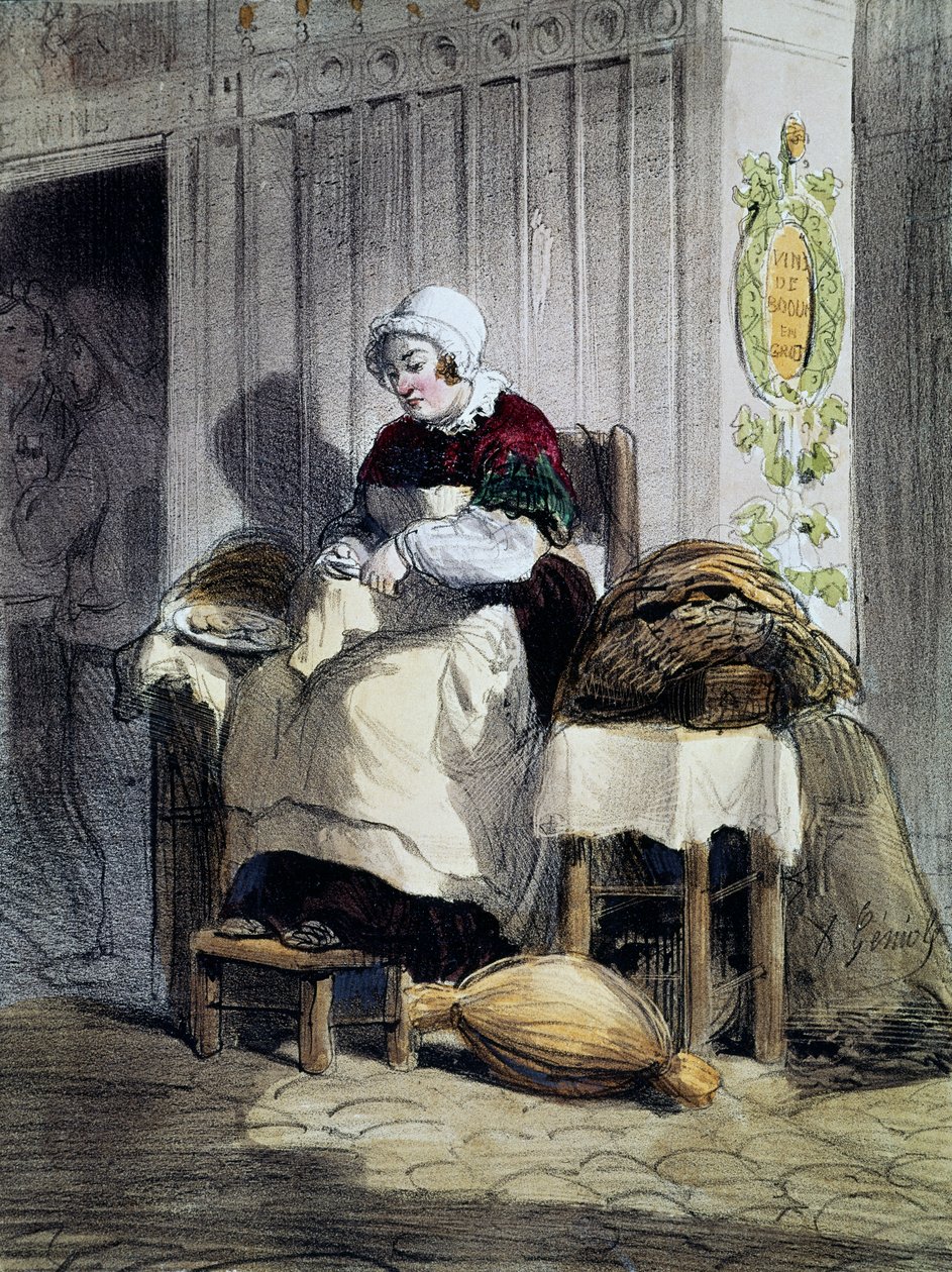 Nainen avaamassa ostereita (ecailliere), vedos Pariisin naiset -sarjasta, Ranska. tekijältä French School