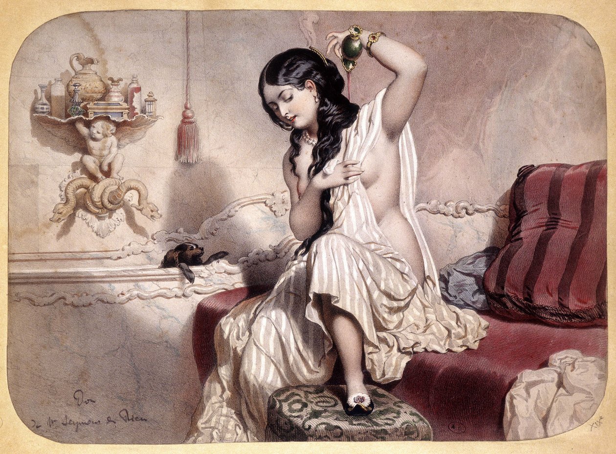 Nainen hajuvesi kylvyn jälkeen - litografia, v.1860 tekijältä French School