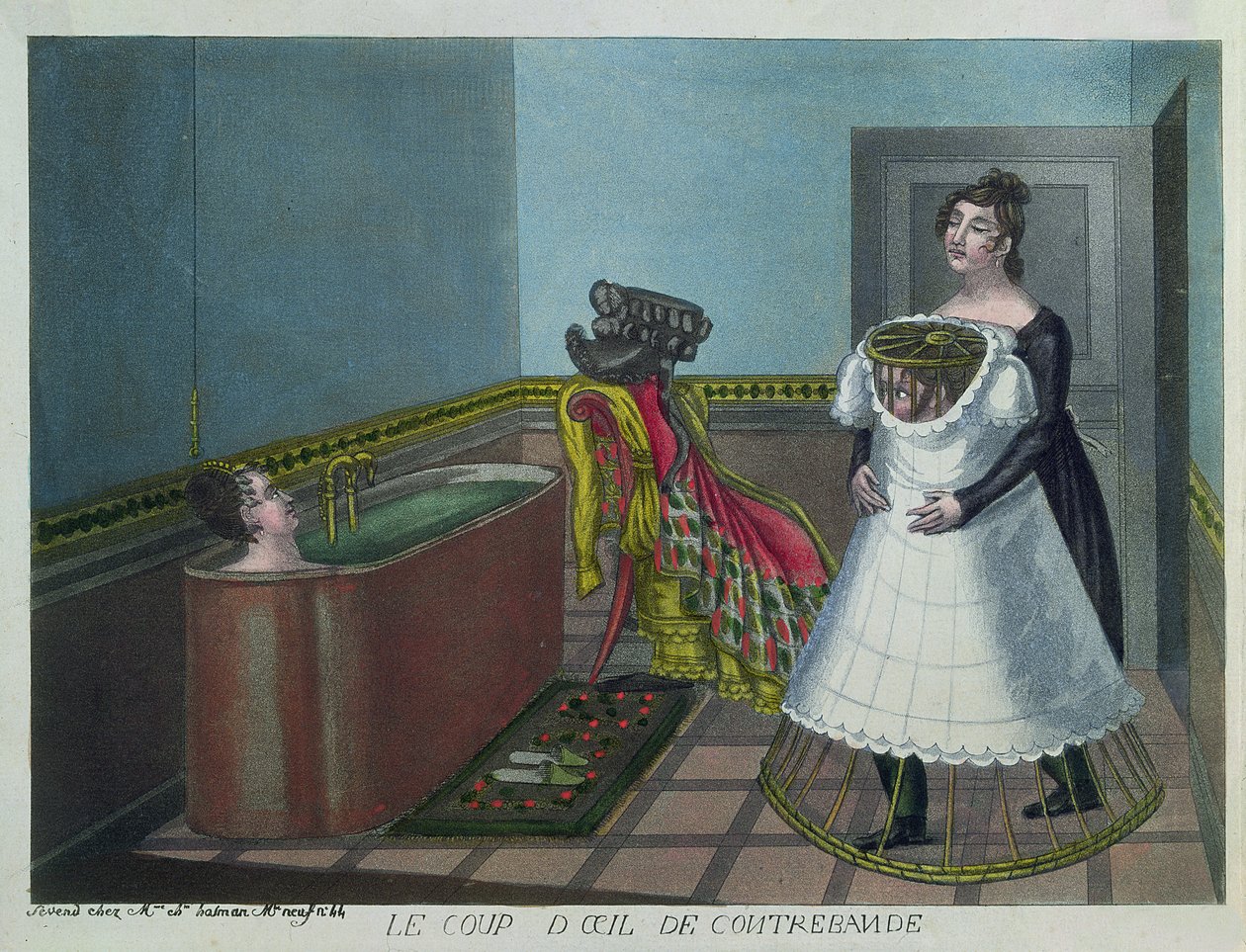 Nainen kylvyssä, kun hänen piikansa kätkee salaa tirkistelijää, 1800-luvun alku (värikaiverrus) tekijältä French School