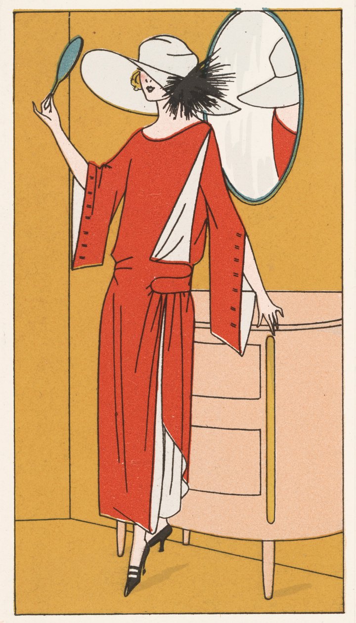 Nainen, jolla on punainen kreppimekko ja valkoinen hattu 1920-luvulta (värilitografia). tekijältä French School