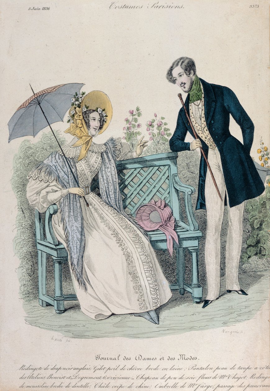 Nainen sateenvarjossa ja mies takissa puutarhassa, muotilevy Journal des Dames et des Modesista, 5. kesäkuuta 1836 tekijältä French School