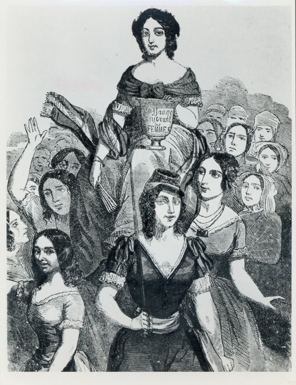 Naiset kantamassa Jeanne Deroinia (1805-94) Triumphissa, Les Femmes Celebres, osa I, Paris, Mazenod, 1848 tekijältä French School