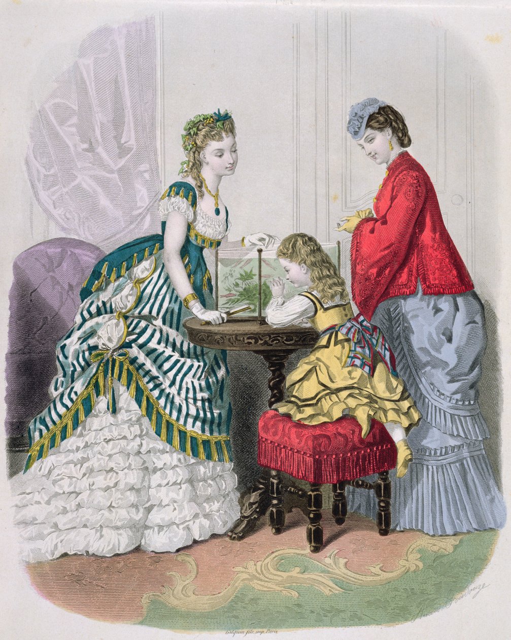 Naiset ja lapsi katselevat akvaariota, La Mode Illustrée, n. 1870 tekijältä French School