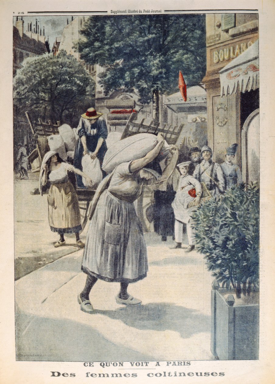 Naiset kantoivat jauhosäkkejä ensimmäisen maailmansodan aikana Pariisissa, kuva Le Petit Journalista, 8. heinäkuuta 1917 tekijältä French School