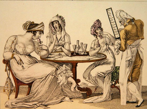 Naiset jäätelöbaarissa, levy 4, "le Bon Genre", n. 1810 (värikaiverrus) tekijältä French School