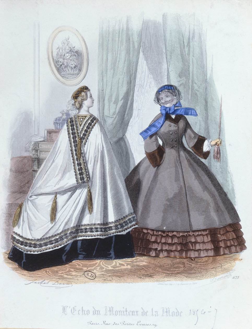 Naiset viittassa ja takissa, muotilautanen LEcho du Moniteur de la Modelta, 1856-7 tekijältä French School