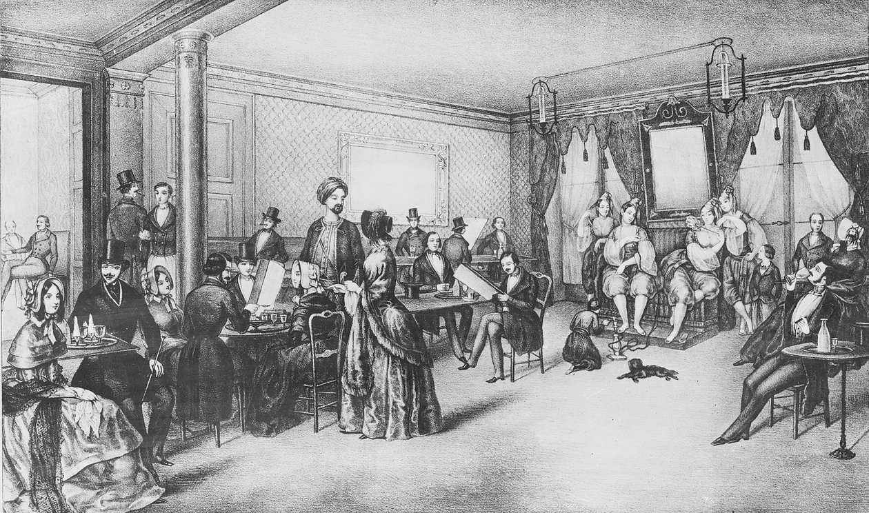 Algerialaiset naiset pariisilaiskahvilassa, n. 1860 (kaiverrus) tekijältä French School