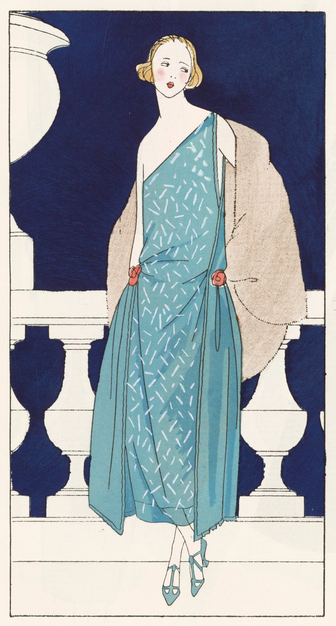 Suunnittelija Jennyn (Jenny Sacerdote) naisten iltapuku 1920-luvulla (värilitografia). tekijältä French School