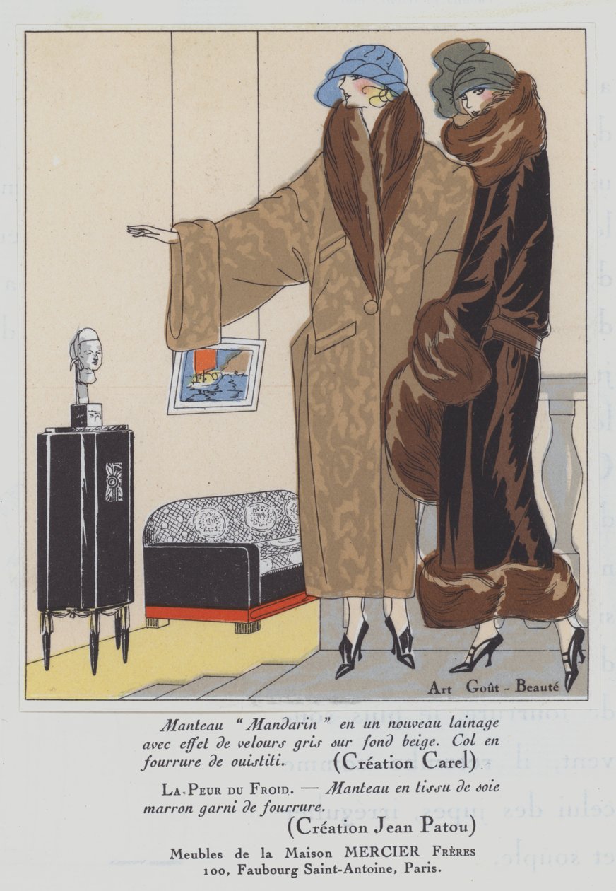 Naisten muotia 1920-luvulta, suunnittelijat Carel ja Jean Patou (värilitografia). tekijältä French School