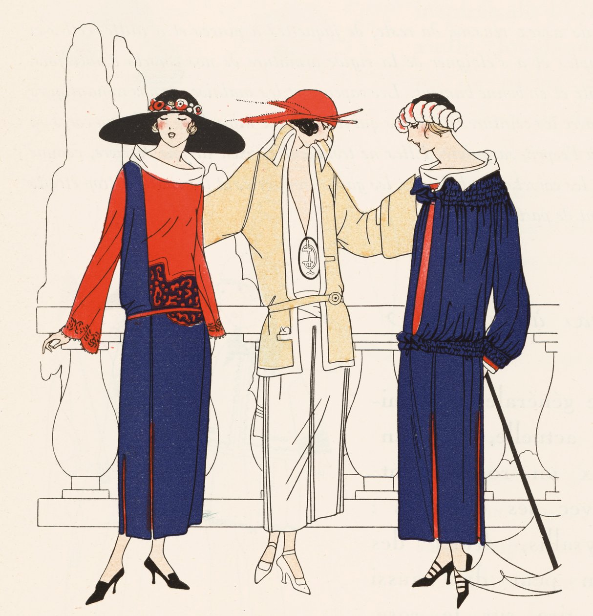 Suunnittelija Jean Patoun 1920-luvun naistenmuoti (värilitografia). tekijältä French School