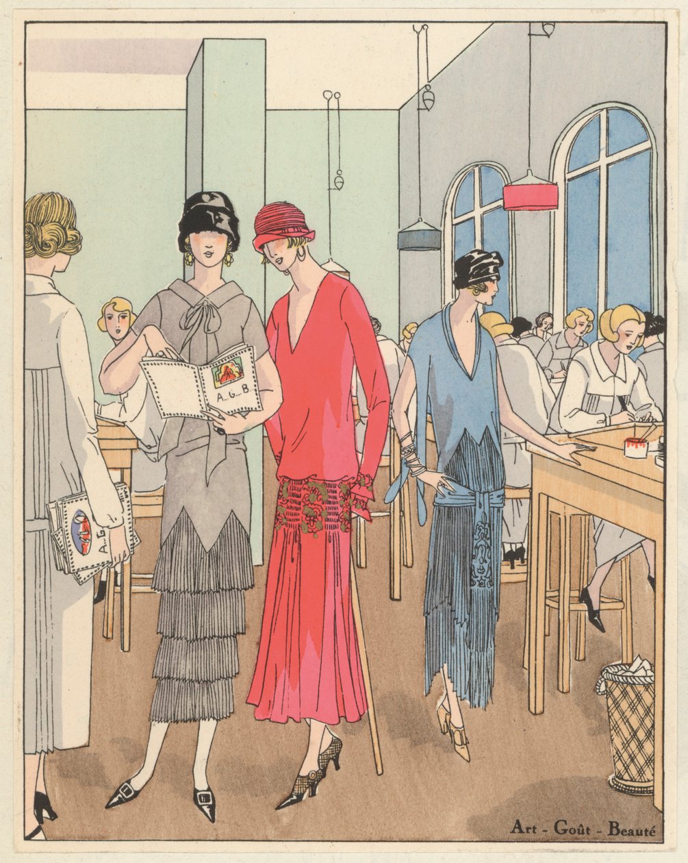 Suunnittelijoiden Jean Patou ja Georges Doeuillet 1920-luvun naistenmuoti (värilitro). tekijältä French School
