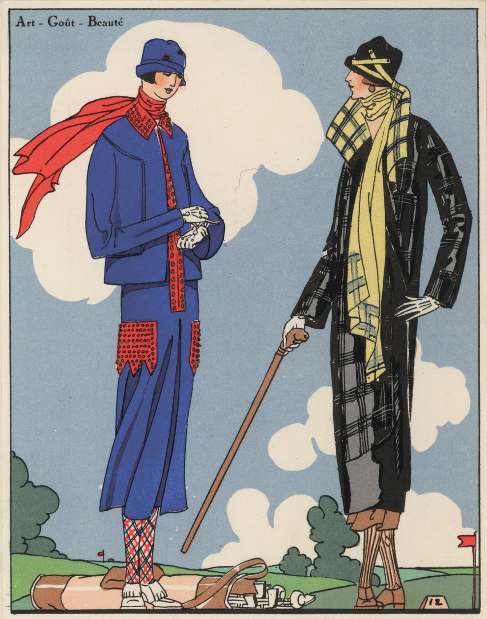 Naisten golfpukumuoti 1920-luvulta, suunnittelijat Martial ja Armand sekä Christoph Drecoll. (värilitro) tekijältä French School