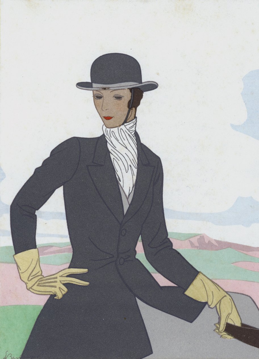 Naisten ratsastushameen malli 1920-luvulta (värilitografia). tekijältä French School