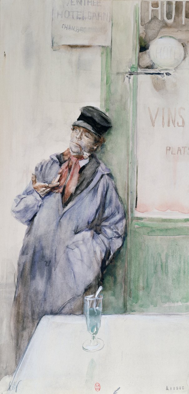 Työntekijä kahvilassa absinttilasillisen kanssa, n. 1900 (wc paperilla) tekijältä French School