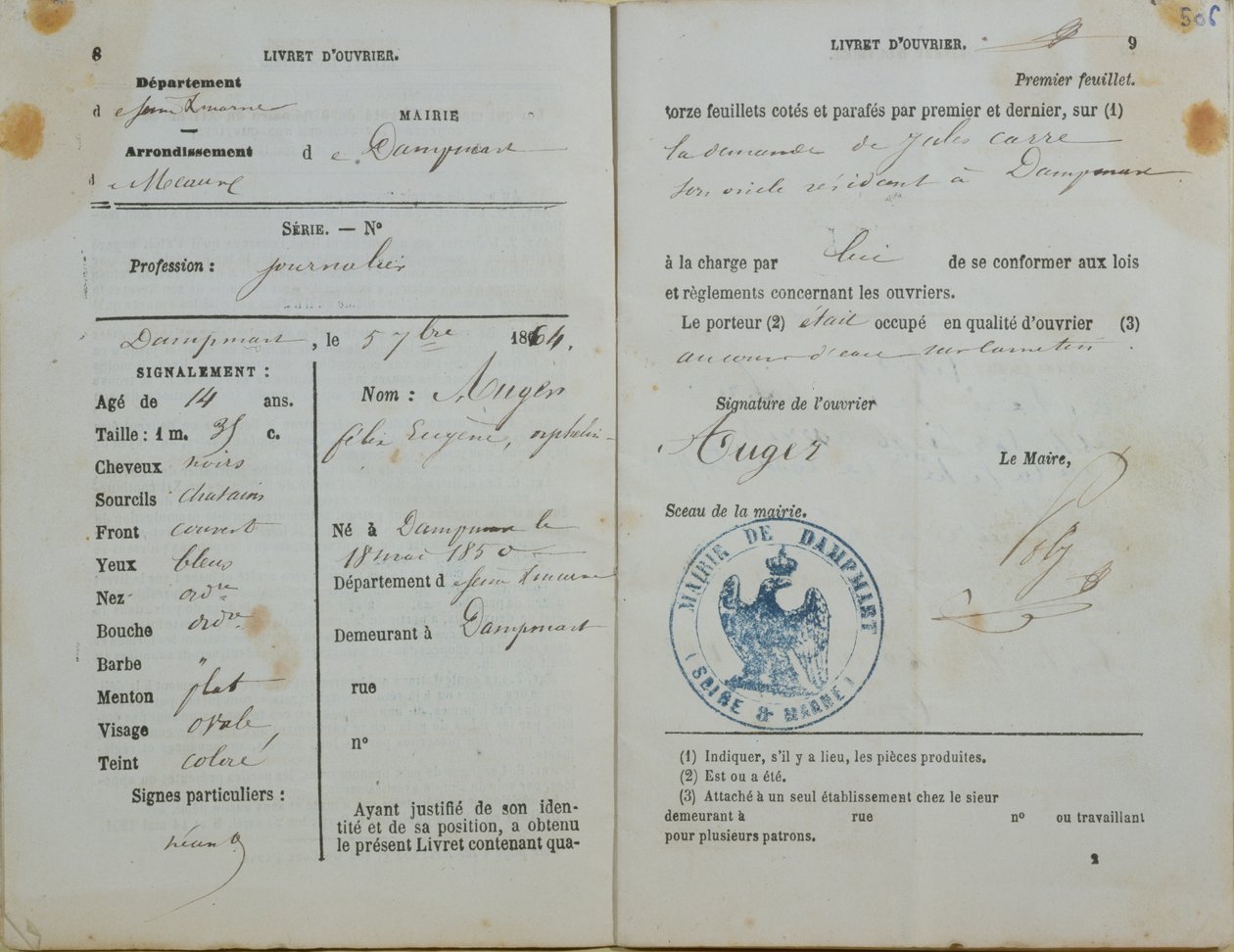 Työntekijöiden käsikirja, jonka on julkaissut Mairie of Dampmart Felix Augerille (s.1850), 1864 tekijältä French School