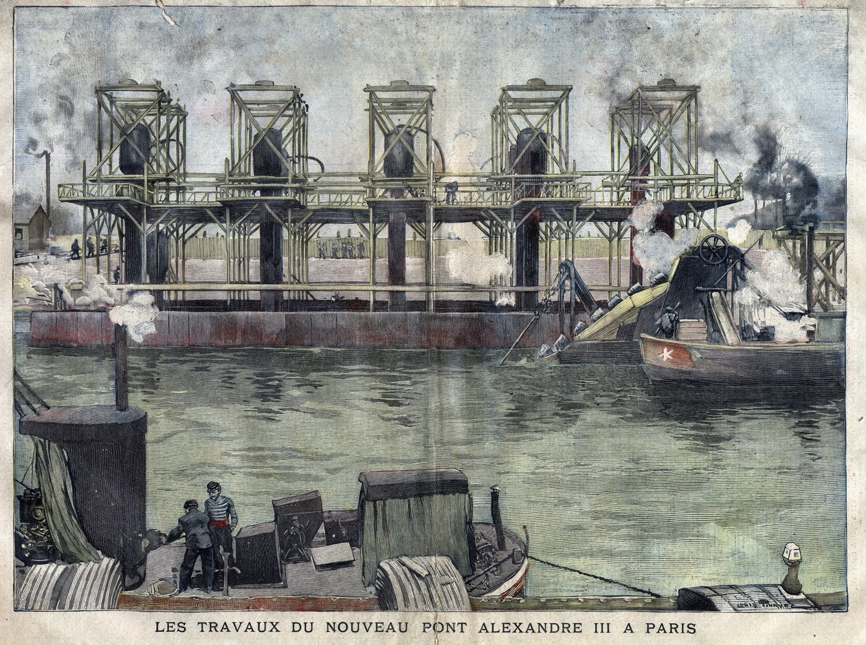 Työskentelee Pariisissa Pont Alexandre III:ssa. Kaiverrus huhtikuulta 1898 kirjassa "La petite Gironde"". tekijältä French School