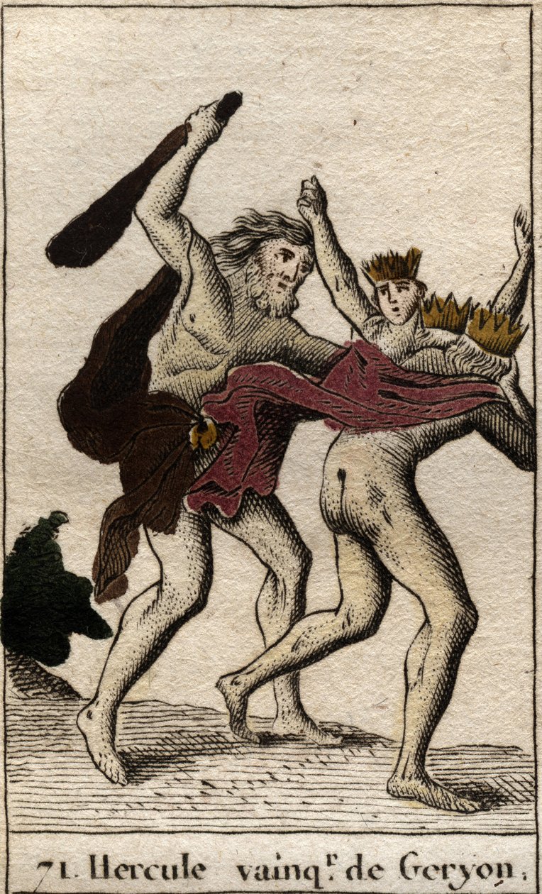 Herculesin teoksia: ""Hercule triumphant du geant aux trois corps Geryon"" (Herakleksen työ, Hercules tappaa hirviön Geryonin) Pierre Blanchardin teoksesta ""Mythologie de la jeunesse" 1803. tekijältä French School