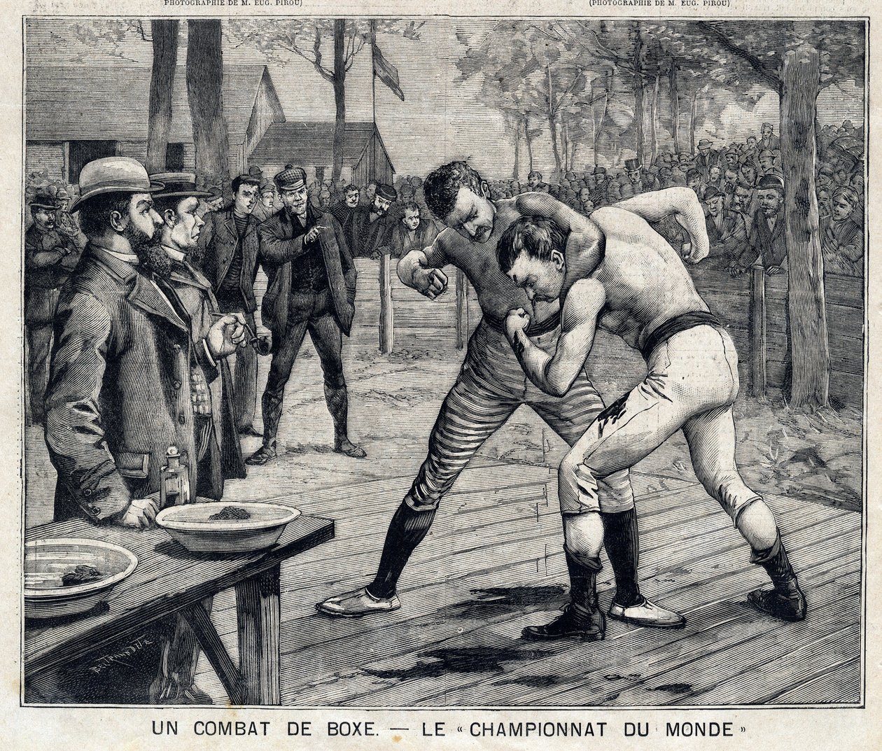 Maailmanmestaruus: nyrkkeilyottelu Jim Corbettin ja Bob Fitzsimmonsin välillä Carsonissa, Nevadassa, Yhdysvalloissa: "" The Little Parisien" -sarjassa 11.4.1897. Yksityinen kokoelma tekijältä French School