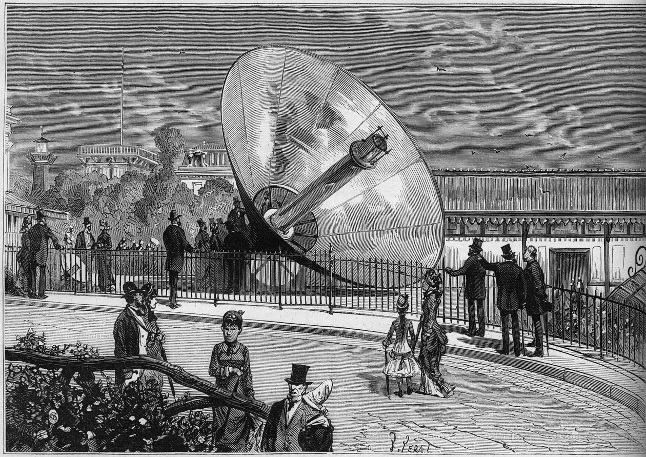 Maailmannäyttely 1878 Pariisissa: Augustin Mouchotin (1823-1912) keksimä aurinkouuni. Kaiverrus "" Le Monde Illustré" -julkaisussa nro 1125, 19. lokakuuta 1878. tekijältä French School