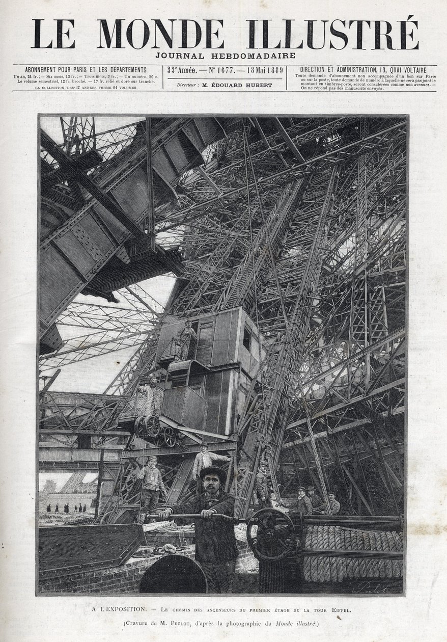 Maailmannäyttely Pariisissa 1889 - Eiffel-tornin ensimmäisen kerroksen hissipolku - Pariisin yleisnäyttely 1889 - Eiffel-tornin ensimmäisen kerroksen hissien polku - Le Monde Illustré vuodelta 1889 tekijältä French School