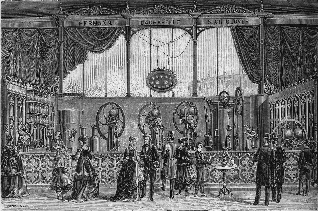 Vuoden 1867 maailmannäyttely: Hermann Lachapellen (Hermann-Lachapelle) ja Gloverin (kyllästin, kaasumittari, ruisku, annostelupumppu...) keksimät kaasuvesilaitteet. Kaiverrus "" Le Monde Illustré" -julkaisussa nro 578, 9. toukokuuta 1868. tekijältä French School