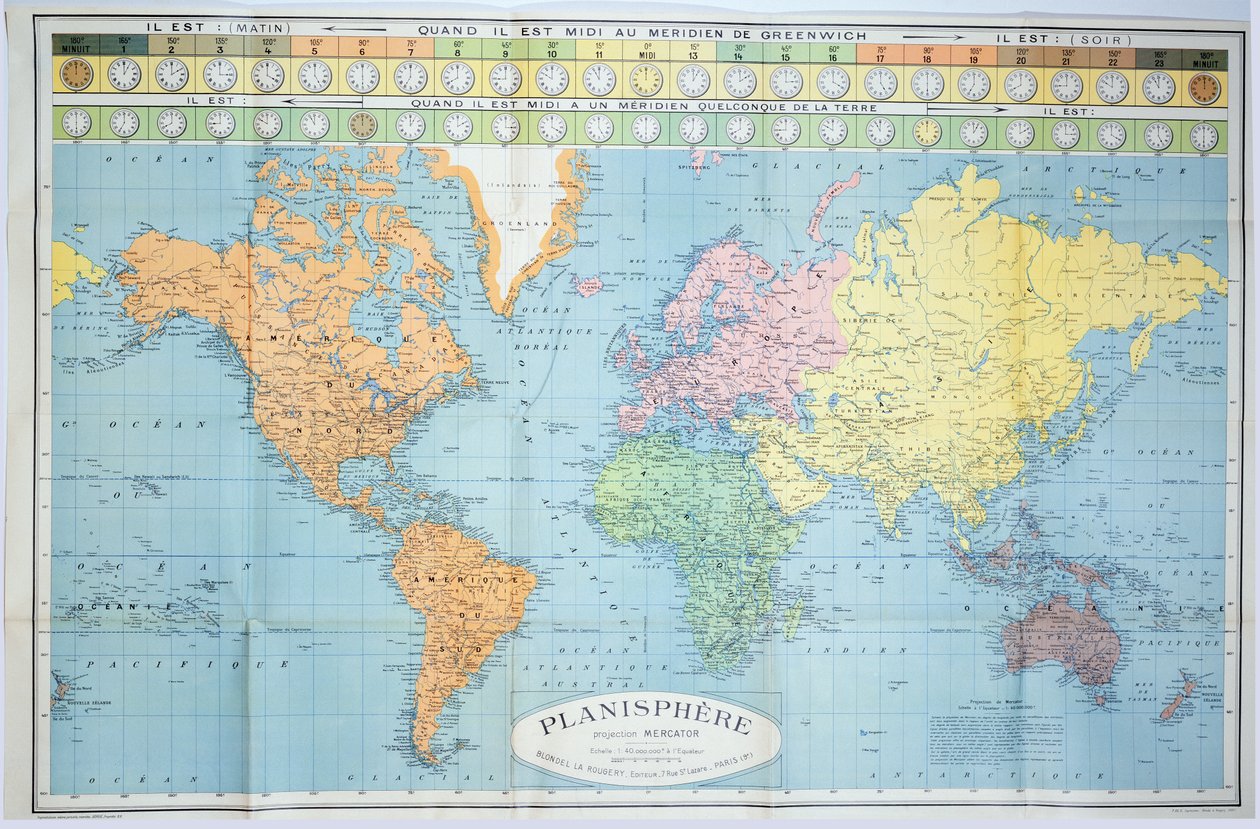 Maailmankartta eri aikavyöhykkeistä, julkaissut Blondel La Rougery Pariisissa n. 1920 tekijältä French School