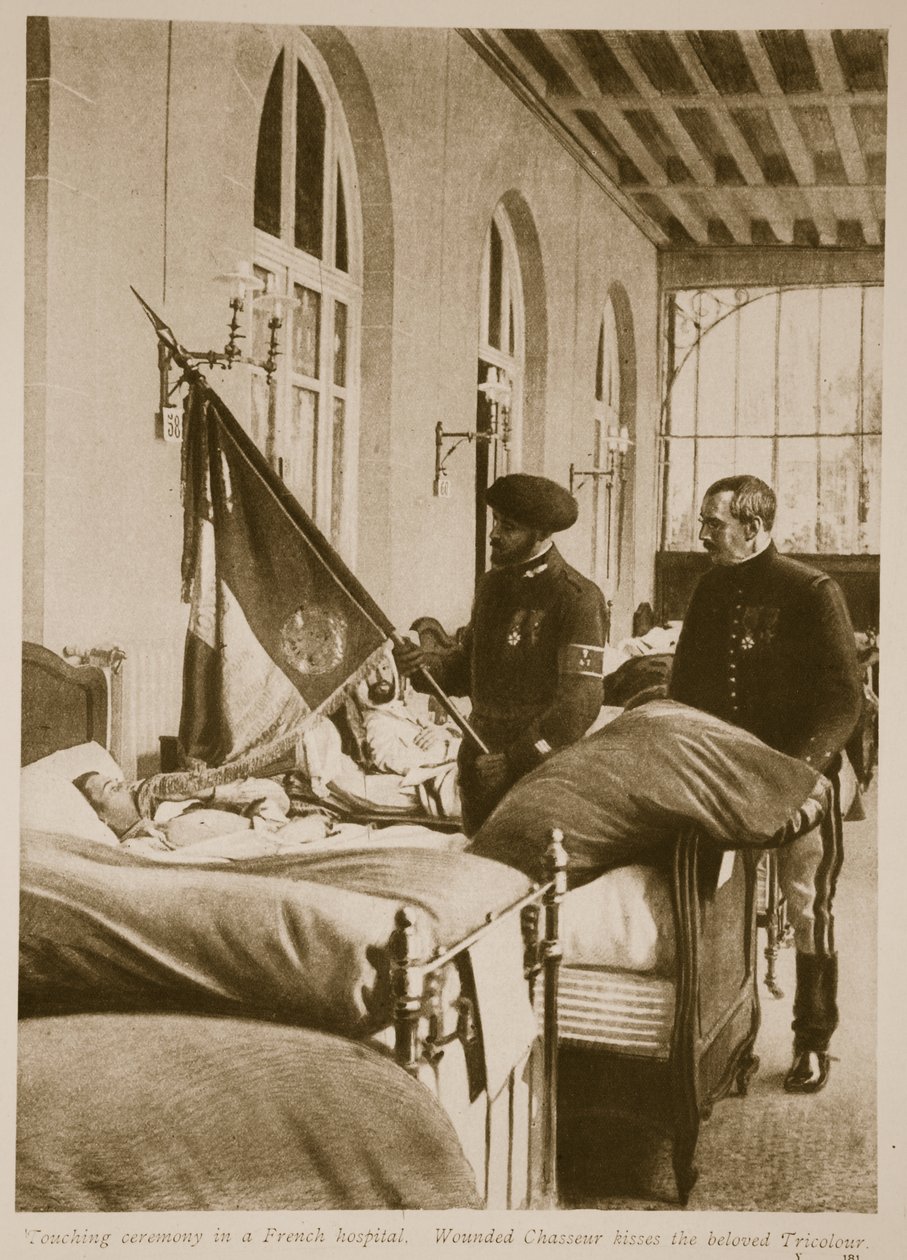Haavoittunut Chasseur suutelee rakastettua Tricolouria, 1914-19 tekijältä French School