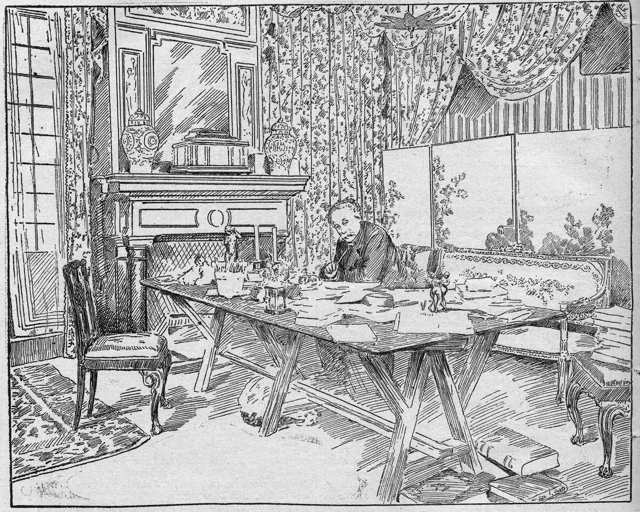 Kirjailija Alexandra Dumas Jr. (1824-1895) työkaapissaan. Kaiverrus "La gazette du dimanche" -julkaisussa 12. joulukuuta 1895. tekijältä French School
