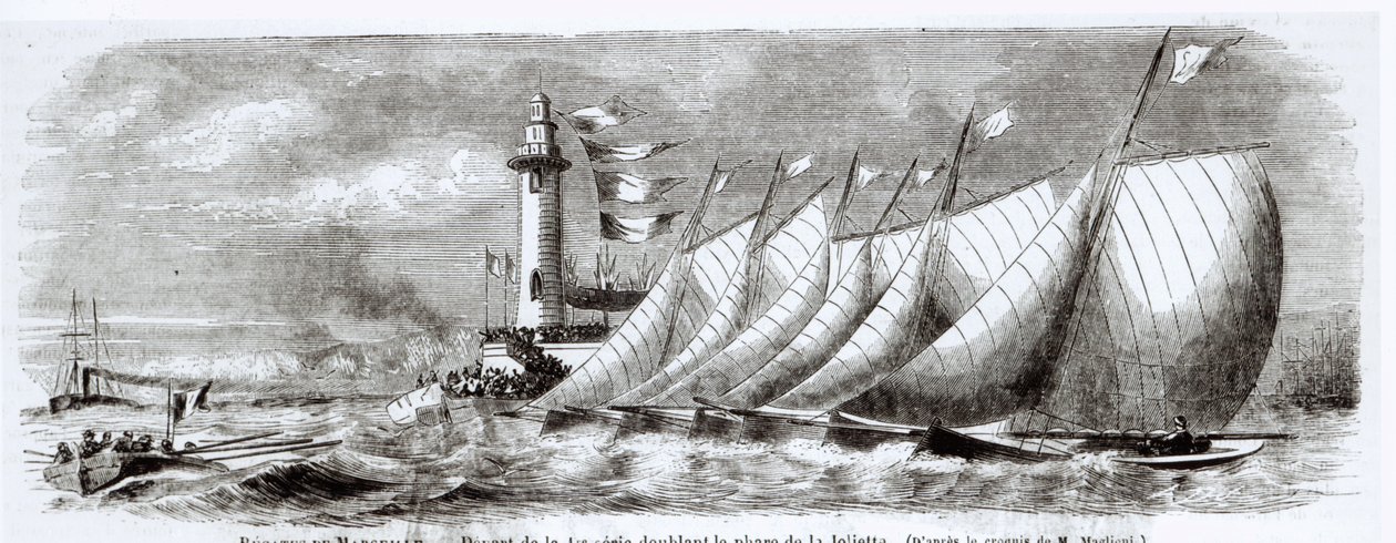 Huviveneet kiertämässä Jolietten majakkaa vuoden 1864 regatan aikana Marseillessa, Le Monde Illustresta, 17. syyskuuta 1864 tekijältä French School