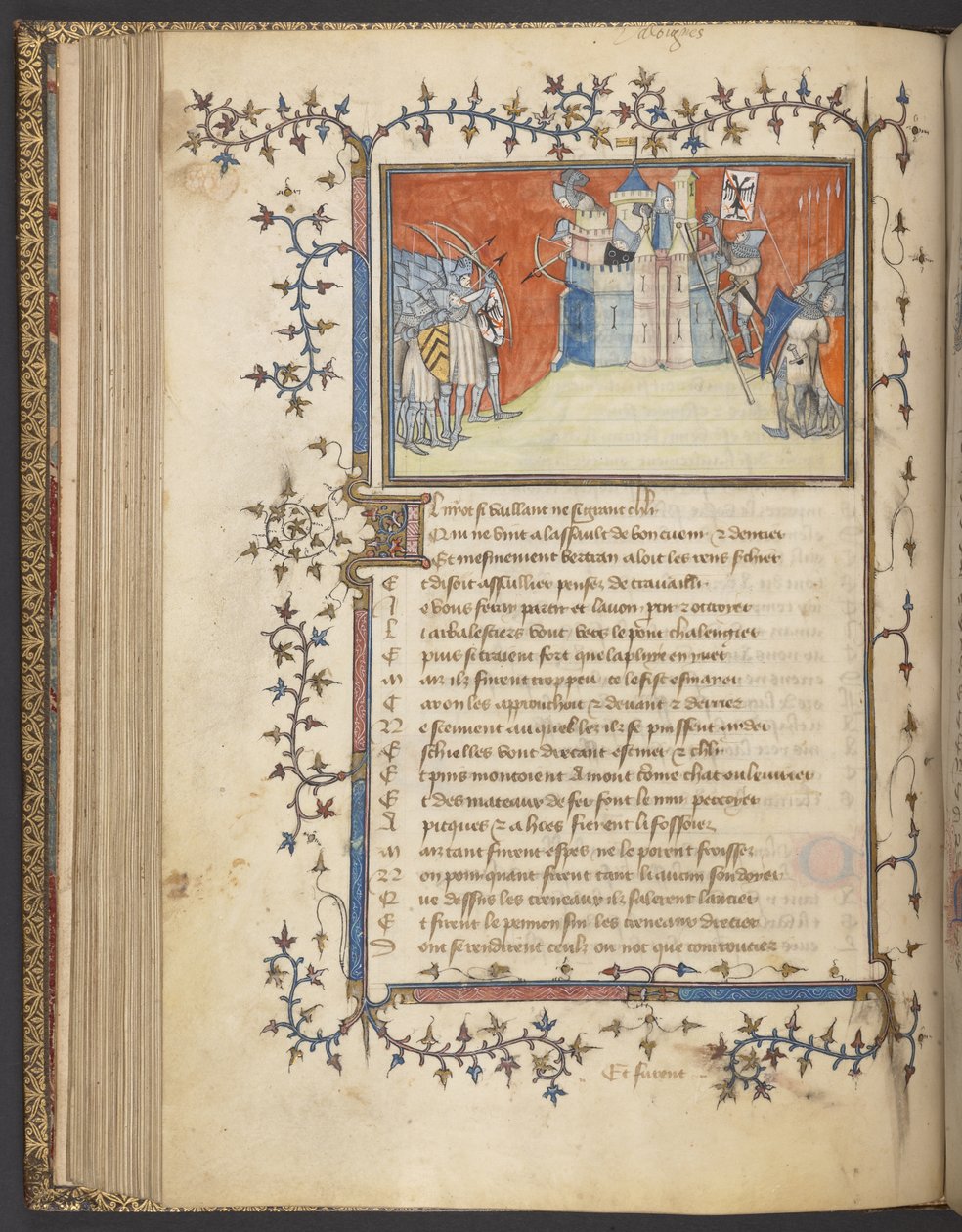 Yates Thompson 35 f. 80v Taking of Valonges, kappaleesta "The Song of Bertrand du Guesclin", n. 1380-92 (vellum) tekijältä French School