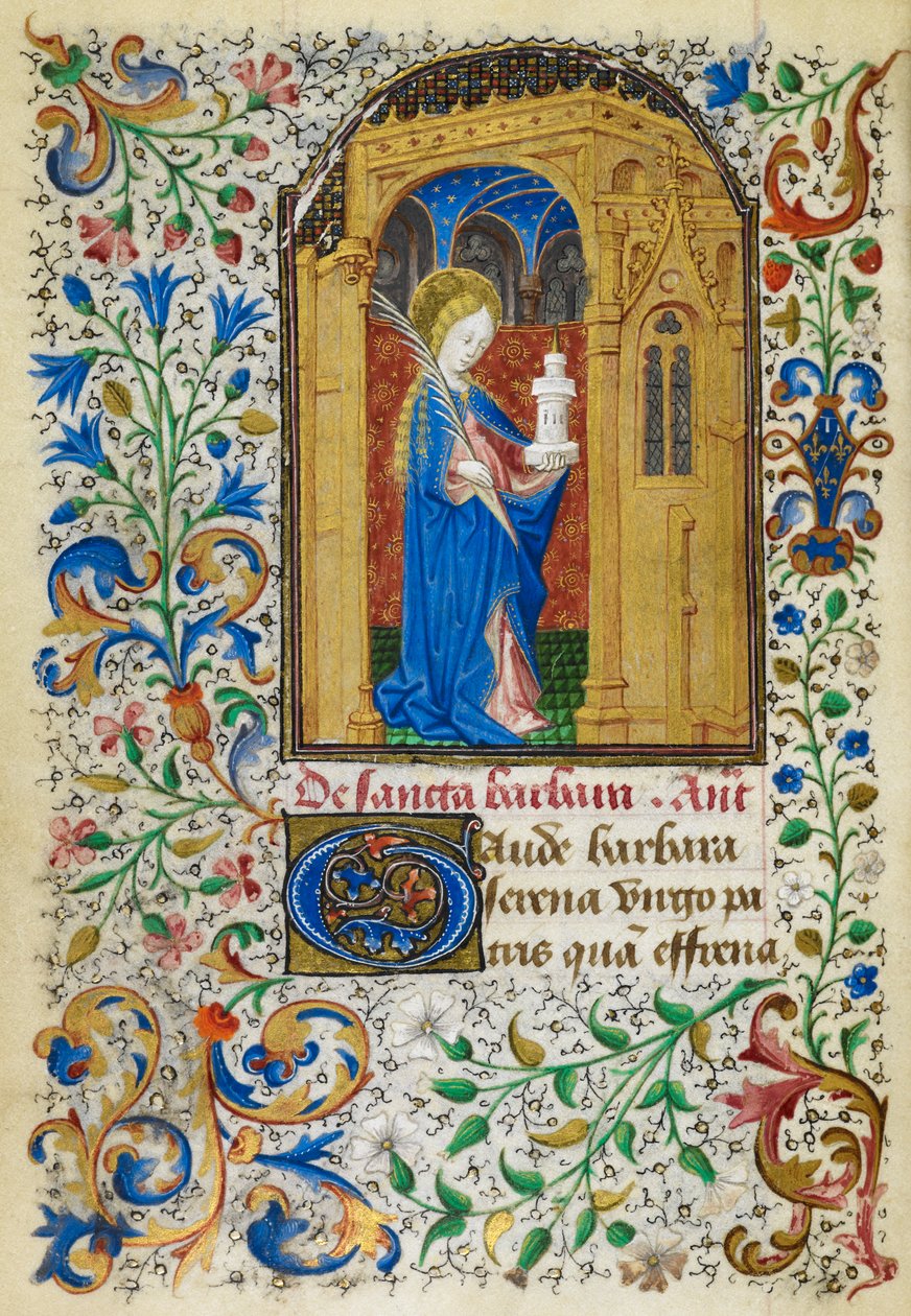 Yates Thompson 3, fol.289v Pienoiskuva St. Barbarasta kultaisen kaaren alla kantaen kämmentä ja torniaan, täydellä lehvistöreunalla, äänioikeuden alussa, julkaisusta "The Dunois Hours", n. 1440-luvulla. 1450 (vellum) tekijältä French School