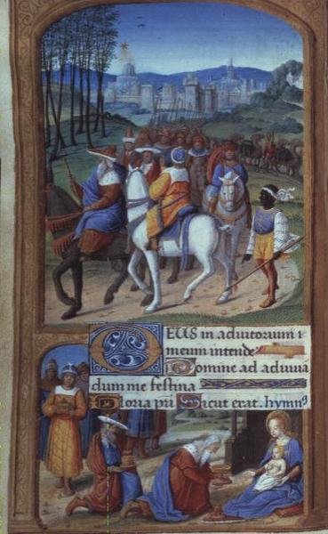 Yates Thompson 5 f.48v Adoration of the Magi, Tilliot Hoursista, Tours (vellum) (yksityiskohta 20292) tekijältä French School