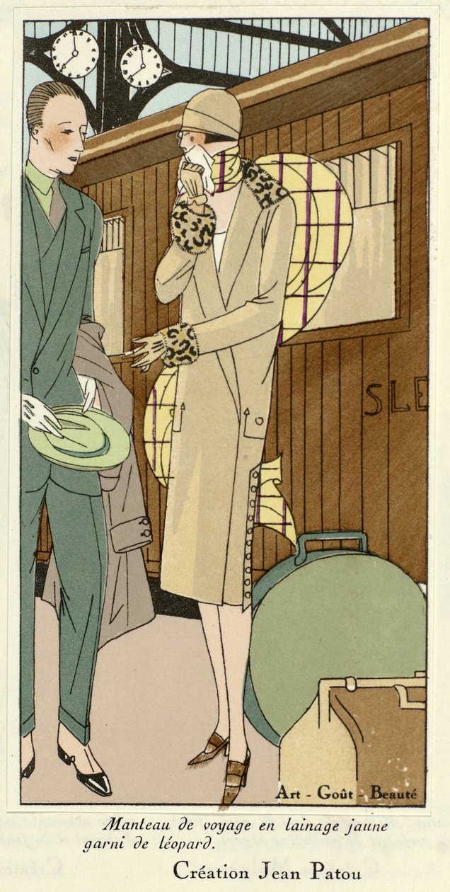 Keltainen villainen matkatakki leopardikoristeella, Art-Gout-Beaute, 1920-luvun julkaisu (pochoir-kuosi). tekijältä French School