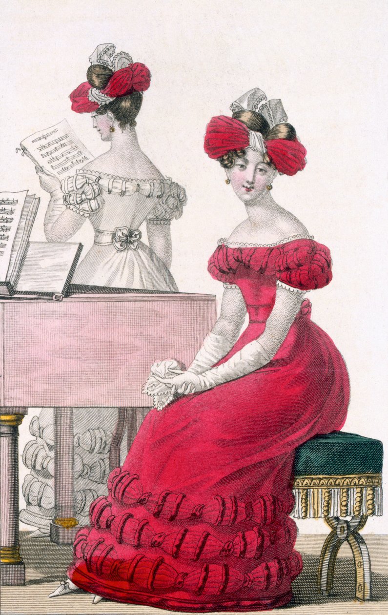 Nuori nainen kreppi-iltapuvussa ja hienostunut päähine, mainos Modes de Parisissa, n. 1825 tekijältä French School