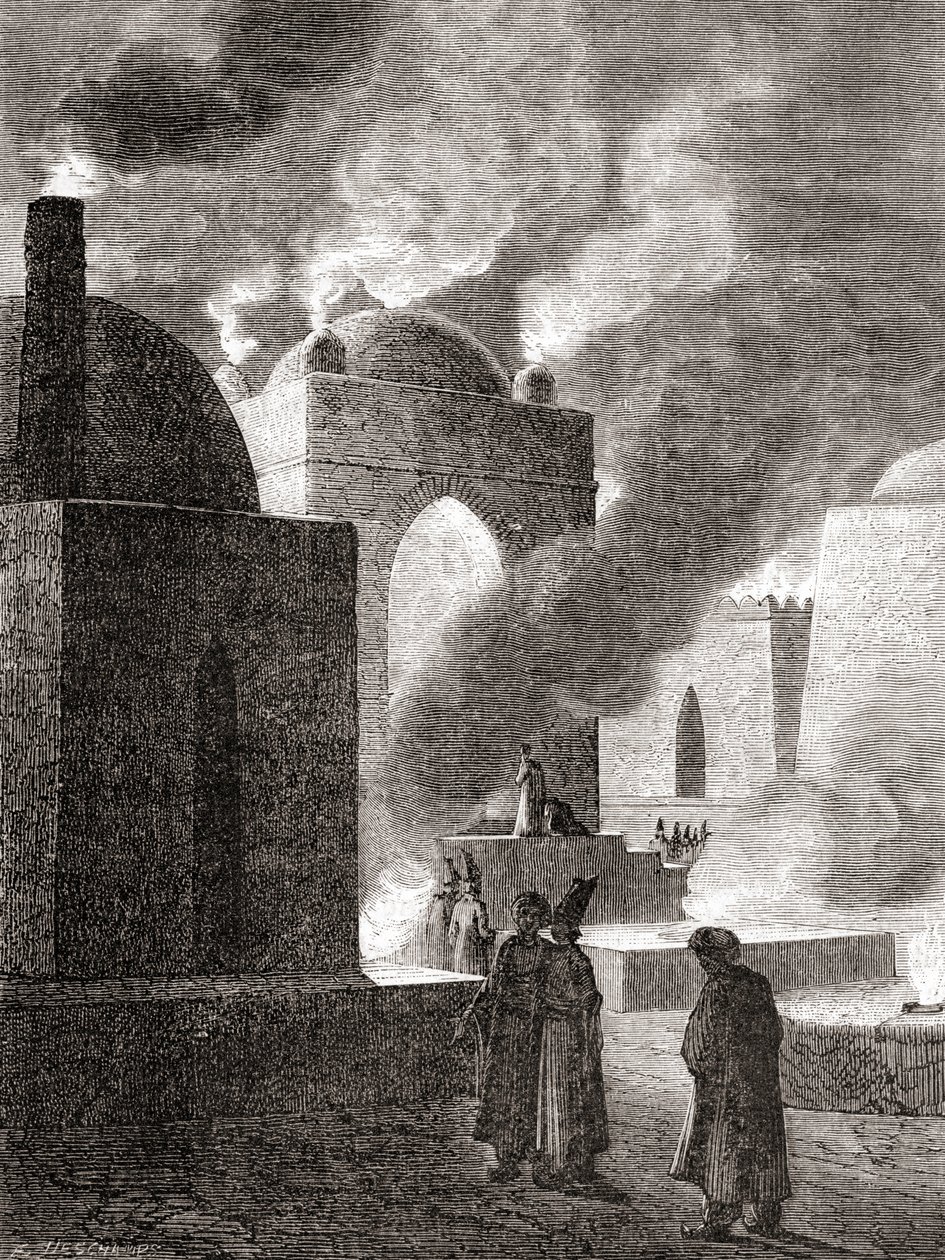 Zoroastrian tulenpalvojat tulitemppelissä Bakussa, Azerbaidžanissa, teoksesta "Les Merveilles de la Science", julkaistu noin 1870 (kaiverrus) tekijältä French School