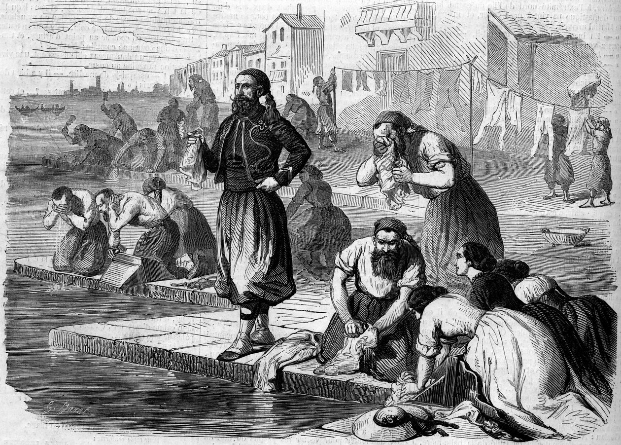 Ranskan armeijan zouavit pesevät pyykkiä. Italia, Risorgimento de 1859. Kaiverrus "" Le Monde Illustré" -julkaisussa nro 122, 13. elokuuta 1859. tekijältä French School
