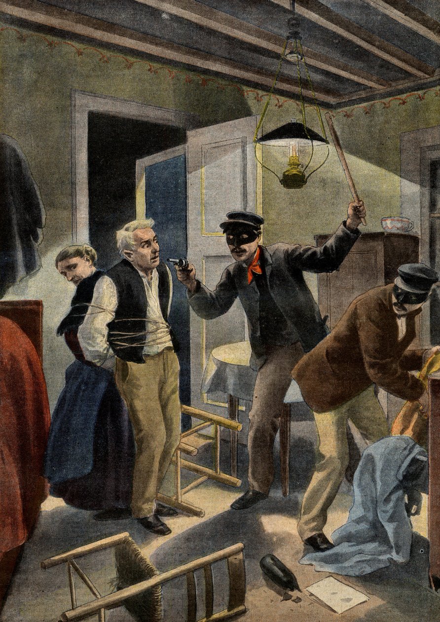 banditismi - Banditry - Vanhempi pariskunta, jonka naamioituneet tunkeilijat ryöstävät kotonaan Gersissä, Ranskassa. Kohtaus rosvoa Gersissä. Kuvitus Le petit Journaliin, 26. tammikuuta 1902. tekijältä French School