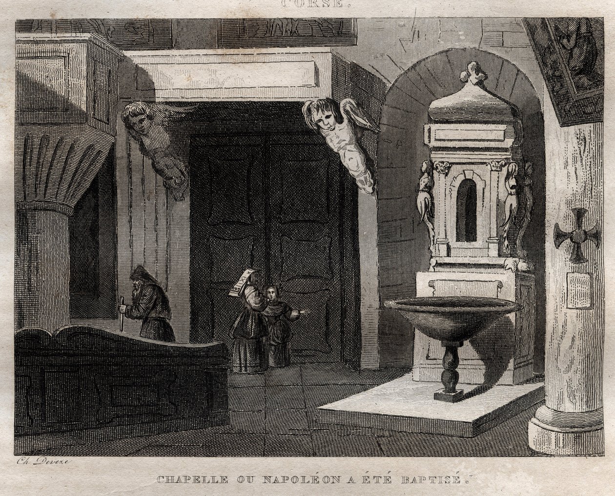 kappeli, jossa Napoleon kastettiin - kappeli ou Napoleon a été baptise - Kaiverrus "Italiasta maalauksellinen"" - Italian historiallinen ja kuvaava maalaus", M. de Norvins, Ch. Nodier 1834-1836. tekijältä French School